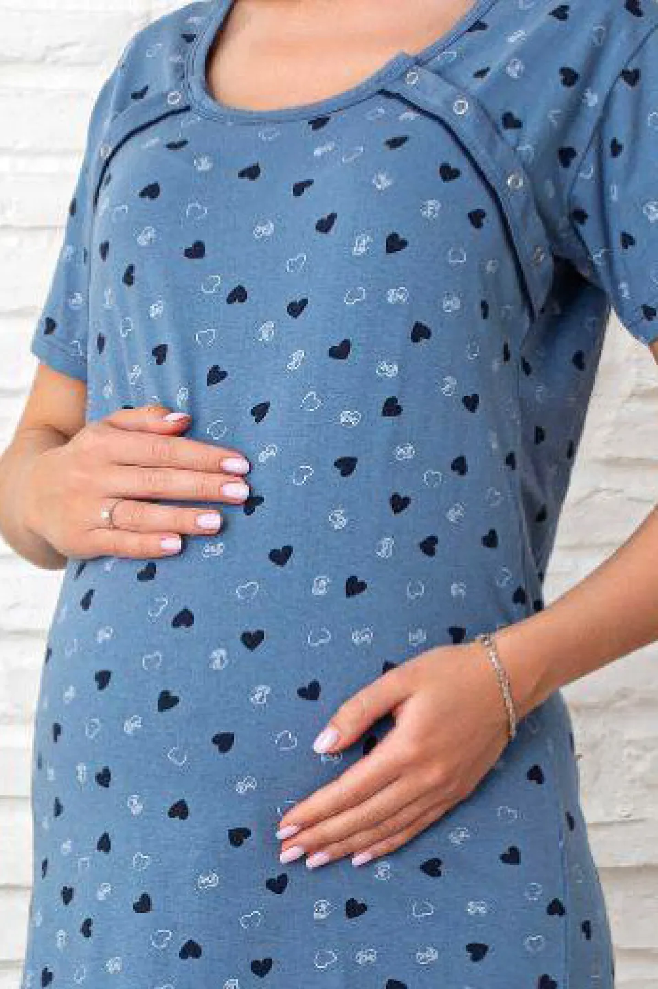 Cămașă de noapte gravide, mânecă scurtă, model cu inimioare - 2