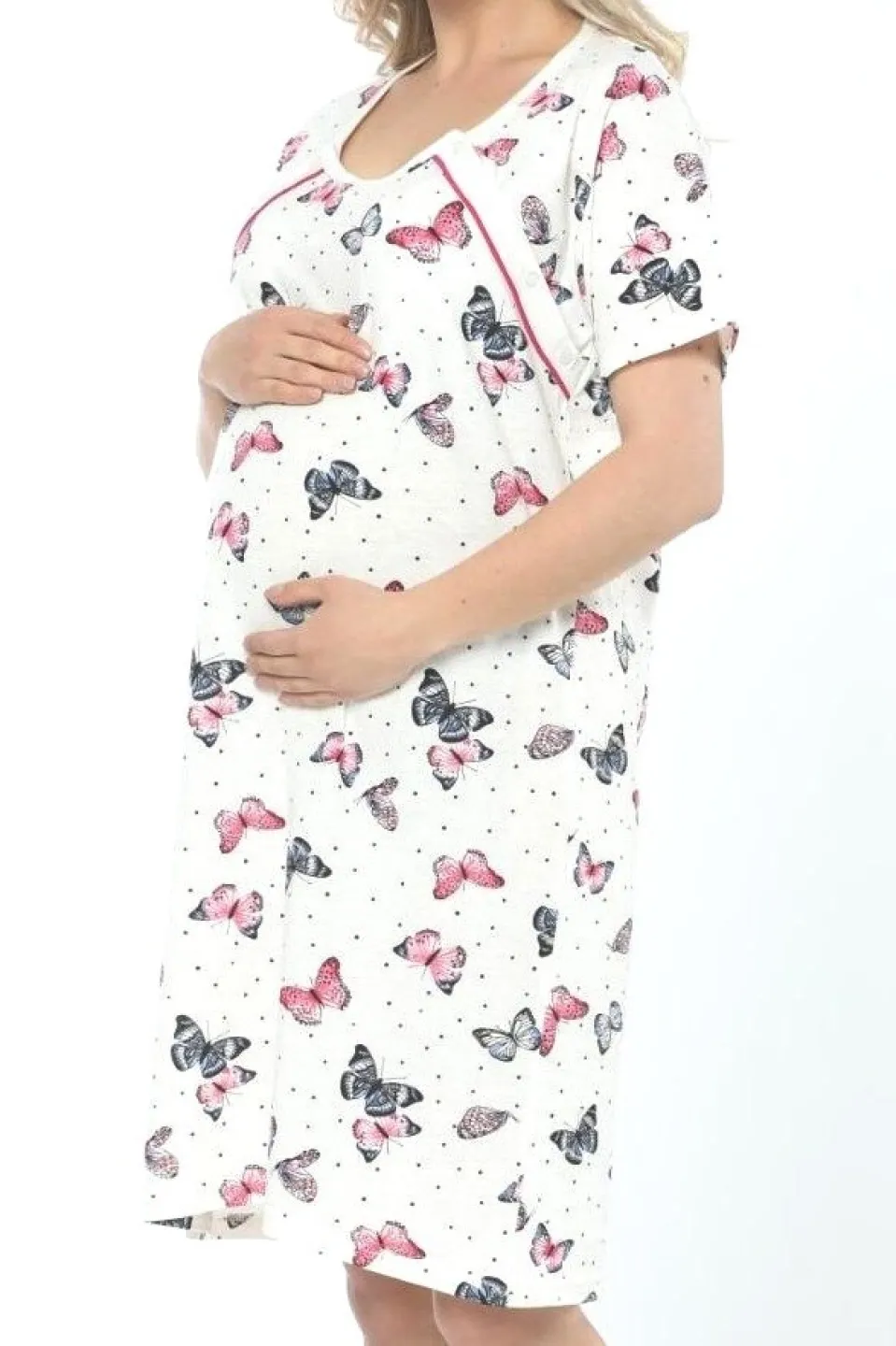 Cămașă de noapte pentru gravide, mânecă scurtă, cu model de fluture, culoare crem - 2