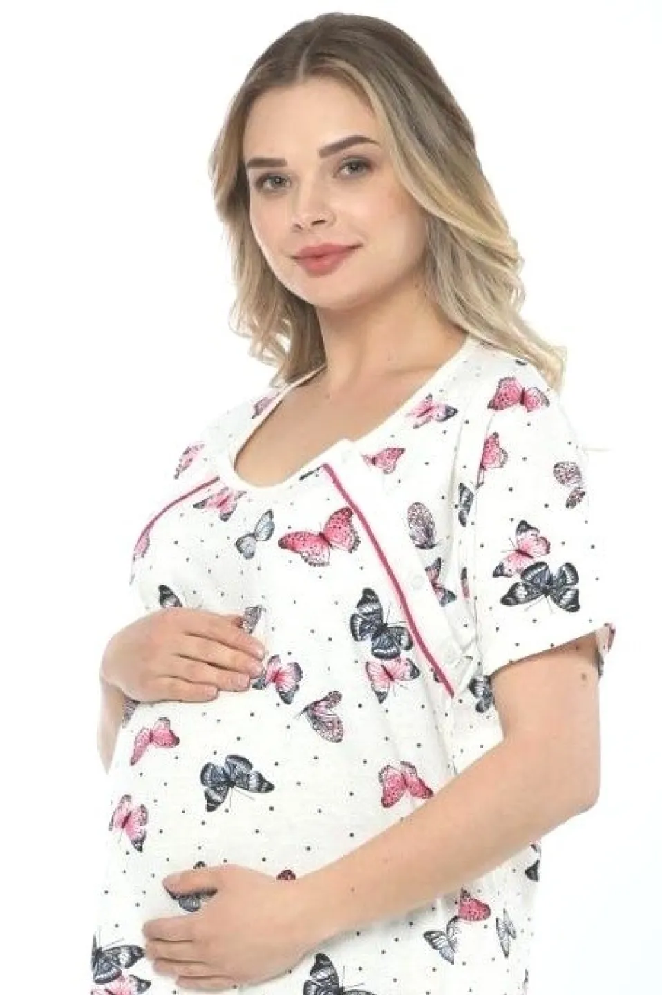 Cămașă de noapte pentru gravide, mânecă scurtă, cu model de fluture, culoare crem - 3