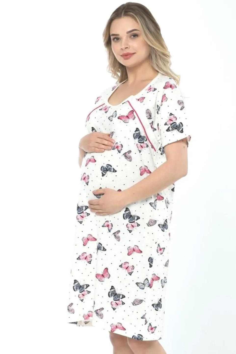 Cămașă de noapte pentru gravide, mânecă scurtă, cu model de fluture, culoare crem - 1
